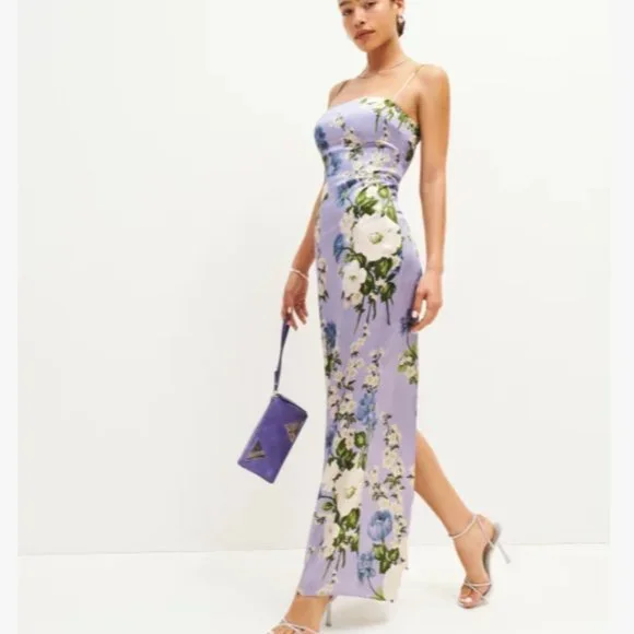 Reformation Frankie Silk Dress in Garden Soiree Purple White Floral Maxi - Picture 2 of 7